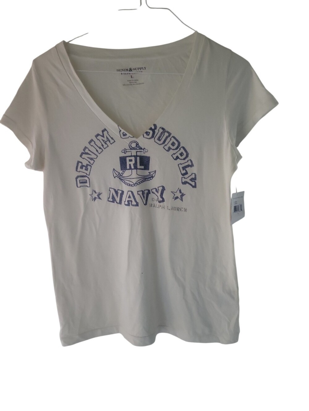 Denim & Supply Vintage V-Neck Tee with Navy Blue Anchor Nautical Ralph Lauren L